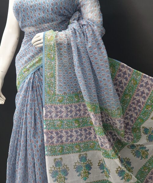 Pure Cotton Kota Doria Block Printed Saree with Zari Border, Blue, SR1 –  Scarlet Thread